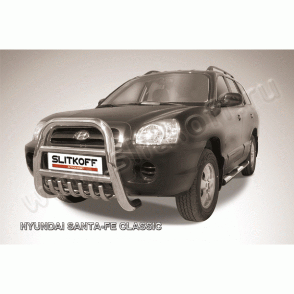 Защита переднего бампера с защитой картера Hyundai Santa Fe 2000-2006 (Высокая)