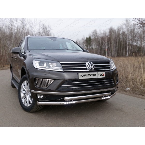 Защита переднего бампера Volkswagen Touareg с 2014 (двойная с ходовыми огнями)