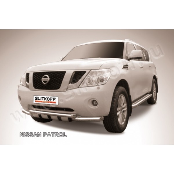 Защита переднего бампера с защитой картера Nissan Patrol с 2010 (Двойная)