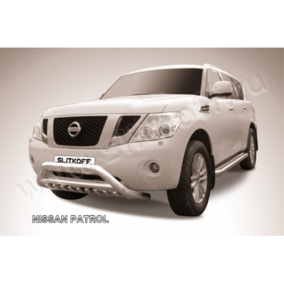 Защита переднего бампера с защитой картера Nissan Patrol с 2010 (Низкая широкая)