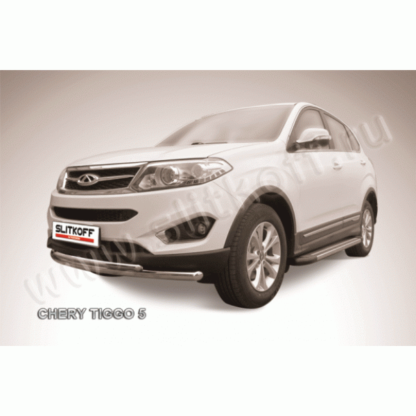 Защита переднего бампера Chery Tiggo 5 (Двойная, вариант 1)