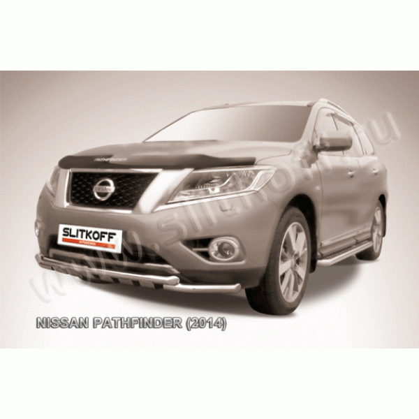 Защита переднего бампера с профильной защитой картера Nissan Pathfinder с 2014 (Двойная)