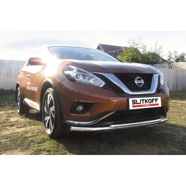 Защита переднего бампера d57+d42 двойная длинная Nissan MURANO с 2016