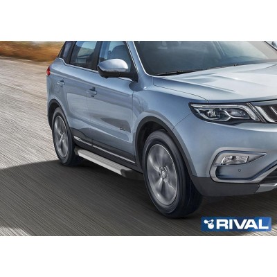 Пороги алюминиевые Rival "Silver" для Geely Atlas с 2018